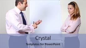  Presentation with flip chart - Presentation theme with two office workers a man giving a presentation on a flip chart trying to convince his female colleague background and a light blue colored foreground