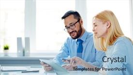  Presentation with data meeting - Slide deck having two office workers discussing data background and a light blue colored foreground