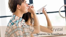  Presentation with office workers - Cool new PPT theme with two office workers at the desk backdrop and a coral colored foreground