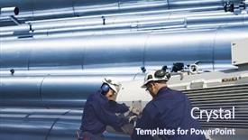  Presentation with oil gas - Colorful presentation enhanced with two oil workers with machinery backdrop and a ocean colored foreground