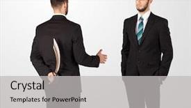  Presentation with weapon - Slide set having two opposing businessman shake hands background and a light gray colored foreground