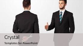  Presentation with weapon - Colorful presentation design enhanced with two opposing businessman shake hands backdrop and a light gray colored foreground