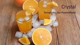  Presentation with juices - Beautiful slide deck featuring two orange juices with cubes of ice and orange on wooden table background backdrop and a gold colored foreground