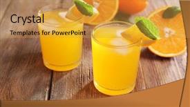  Presentation with juices - Presentation design with two orange juices with ice and orange on wooden table background background and a gold colored foreground