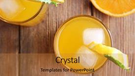  Presentation with juices - Cool new presentation theme with two orange juices with ice and orange on wooden table background view from above backdrop and a gold colored foreground