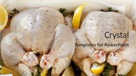  Presentation with garlic - Cool new theme with two organic chickens with lemon thyme and garlic in an oven dish ready for roasting backdrop and a coral colored foreground