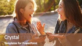  Presentation with smartphones - Slide deck featuring two overjoyed young brunette woman background and a red colored foreground