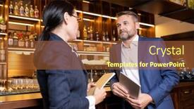  Presentation with restaurant - Colorful presentation design enhanced with two owners of luxurious restaurant standing by bar counter and consulting about some working moments backdrop and a red colored foreground