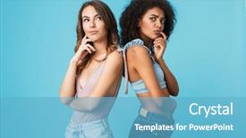  Presentation with thinking - PPT theme with two pensive young girls dressed background and a light blue colored foreground