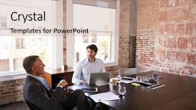  Presentation with creative - Beautiful PPT theme featuring two peolple - businessmen having creative brainstorming meeting backdrop and a soft green colored foreground