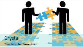  Presentation with collaborate - Slides consisting of two people collaborate to join parts solve a business or personal puzzle problem background and a arctic colored foreground