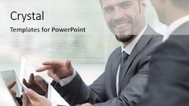  Presentation with tablet - Beautiful theme featuring two people meeting - business colleagues working with tablet backdrop and a  colored foreground