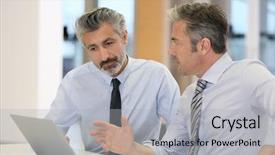  Presentation with businessmen overcome financial crisis - Slide set having two people meeting - businessmen working in office background and a light gray colored foreground