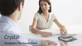  Presentation with colleague farewell goodby - PPT theme featuring two people meeting - young businesswoman discussing with male background and a  colored foreground