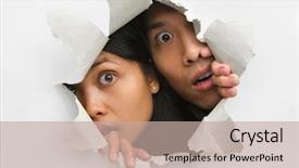  Presentation with wall - Presentation design enhanced with two people peeking from hole background and a coral colored foreground