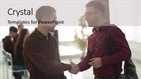  Presentation with handshake - Audience pleasing PPT theme consisting of two people talking - handshake colleagues in the office backdrop and a light gray colored foreground