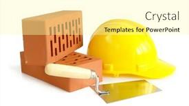  Presentation with white bricks - PPT theme having two perforated bricks stainless steel trowel and yellow hard hat isolated on white background and a blonde colored foreground
