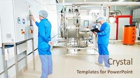  Presentation with water production - Amazing slides having two pharmaceutical male workers operating backdrop and a lemonade colored foreground