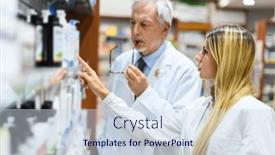 Presentation with product - Slide deck featuring two-pharmacists-man-and-woman background and a sky blue colored foreground