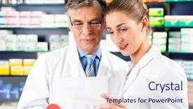  Presentation with pharmaceuticals - PPT theme enhanced with two pharmacists with pharmaceuticals in hand consulting each other in a pharmacy background and a sky blue colored foreground