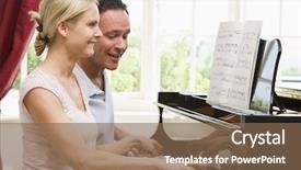  Presentation with piano - Audience pleasing PPT theme consisting of two pianos - couple playing piano and smiling backdrop and a violet colored foreground