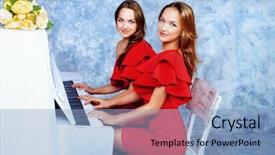  Presentation with red - Slide set having two pianos - happy twin sisters in evening background and a  colored foreground