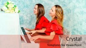  Presentation with red - Audience pleasing slide deck consisting of two pianos - happy twin sisters in evening backdrop and a  colored foreground