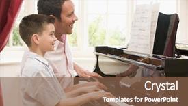  Presentation with young children playing - PPT layouts featuring two pianos - man and young boy playing background and a tawny brown colored foreground
