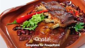  Presentation with ribs - Presentation theme enhanced with two pieces of grilled pork spare ribs with herbs at broun plate background and a tawny brown colored foreground
