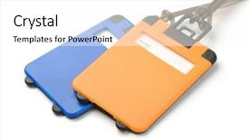  Presentation with luggage - Slide set enhanced with two plastic luggage tags isolated background and a pink colored foreground