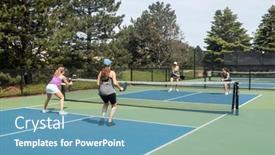  Presentation with pickleball - Presentation theme featuring two-players-approach-the-net background and a teal colored foreground