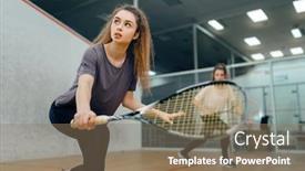  Presentation with court - Colorful PPT layouts enhanced with two-players-with-squash-racket backdrop and a coral colored foreground