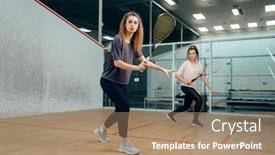  Presentation with court - PPT theme consisting of two-players-with-squash-racket background and a coral colored foreground