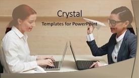  Presentation with paper planes - Colorful presentation theme enhanced with two playful pretty financial managers sitting opposite one another preparing annual accounts on laptops and launching paper planes backdrop and a coral colored foreground