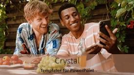  Presentation with dinner party - Slide deck with two-positive-young-multinational-male background and a coral colored foreground