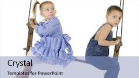  Presentation with preschool - Cool new presentation theme with two preschool kids swinging on an antique wooden pump swing the girl is looking over her shoulder at the top of the swing while the boy looks a bit worried at the viewer on a white background backdrop and a light blue colored foreground