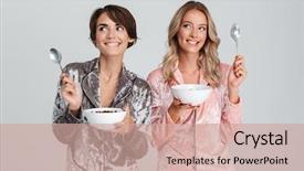  Presentation with horses and girls - Slides consisting of two pretty girls wearing pajamas isolated gray background eating cereal background and a coral colored foreground