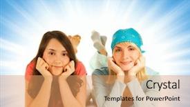  Presentation with teenage abstract - Presentation theme featuring two pretty teenage girls isolated on abstract background background and a coral colored foreground