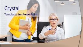  Presentation with women meeting - Slide deck featuring two pretty young and mature office women having a brainstorm meeting at the table in the office background and a sky blue colored foreground