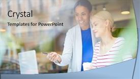  Presentation with data design - Amazing theme having two pretty young intercultural women backdrop and a soft green colored foreground