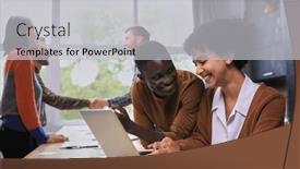  Presentation with desktop - PPT layouts consisting of two-professional-businessmen-discussing background and a light gray colored foreground