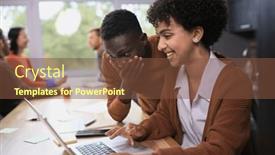  Presentation with desktop - Slide deck with two-professional-businessmen-discussing background and a tawny brown colored foreground