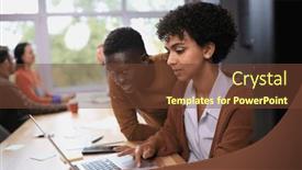  Presentation with desktop - Slide deck with two-professional-businessmen-discussing background and a tawny brown colored foreground