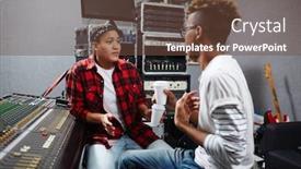  Presentation with professional audio sound - Cool new presentation theme with two professional sound record operators having talk in audio studio backdrop and a tawny brown colored foreground