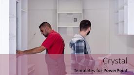 Presentation with kitchen furniture - Slides having two-professional-workers-installing background and a coral colored foreground