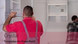  Presentation with kitchen furniture - Beautiful slide deck featuring two-professional-workers-installing backdrop and a red colored foreground