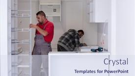  Presentation with kitchen furniture - PPT theme with two-professional-workers-installing background and a sky blue colored foreground