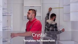  Presentation with kitchen furniture - Colorful slide set enhanced with two-professional-workers-installing backdrop and a gray colored foreground