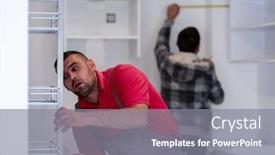  Presentation with kitchen furniture - Audience pleasing PPT theme consisting of two-professional-workers-installing backdrop and a gray colored foreground