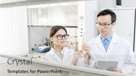  Presentation with medicament - Beautiful slides featuring two-promising-scientists-developing-new backdrop and a light gray colored foreground